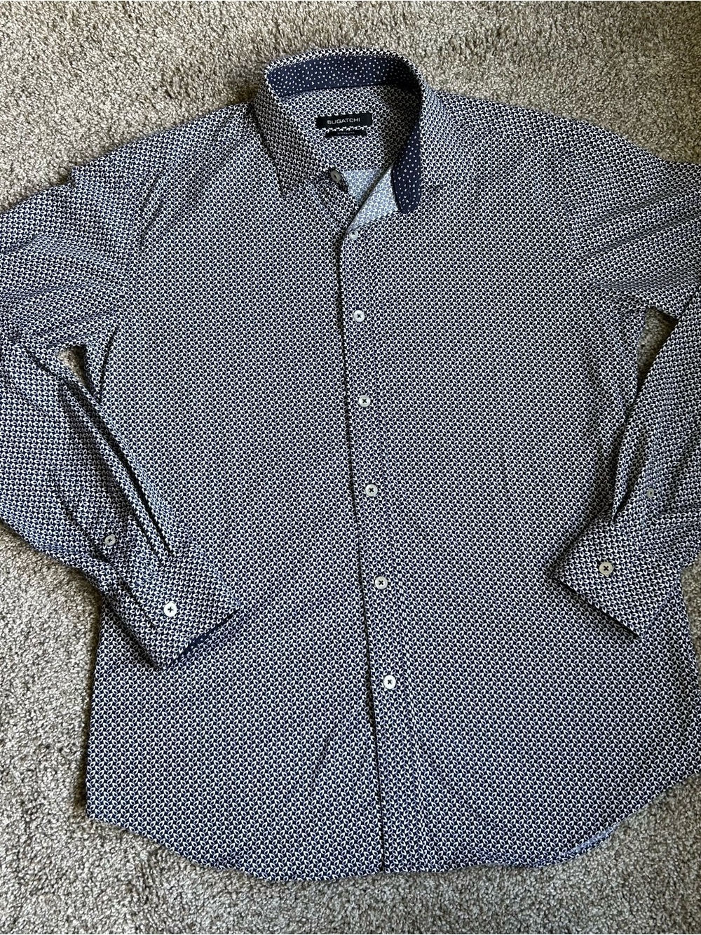Bugatchi Shaped Fit Men’s Blue Geometric Print Button-Up Dress Shirt